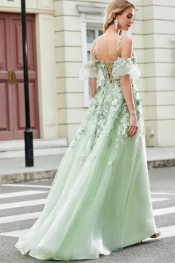 Verde mangas removíveis vestido de baile de tule com apliques