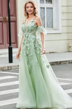 Verde mangas removíveis vestido de baile de tule com apliques