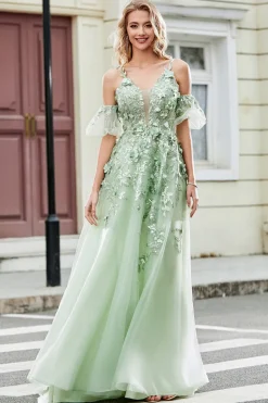 Verde mangas removíveis vestido de baile de tule com apliques