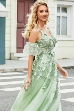 Verde mangas removíveis vestido de baile de tule com apliques