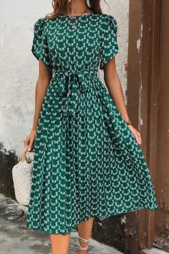 Verde Pescoço de Barco Linha-A Midi Vestido Verão