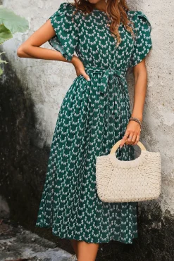 Verde Pescoço de Barco Linha-A Midi Vestido Verão