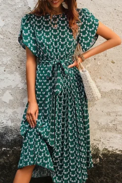 Verde Pescoço de Barco Linha-A Midi Vestido Verão