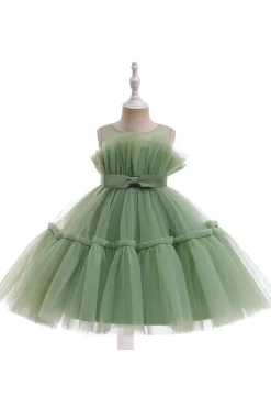 Verde pescoço redondo tule flor vestido da menina com Bowknot