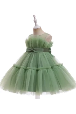 Verde pescoço redondo tule flor vestido da menina com Bowknot
