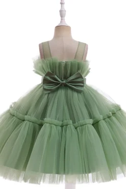 Verde pescoço redondo tule flor vestido da menina com Bowknot