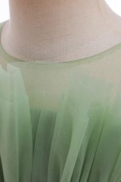 Verde pescoço redondo tule flor vestido da menina com Bowknot