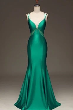 Verde profundo V-neck cetim sereia vestido de baile com renda-up para trás