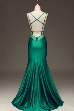 Verde profundo V-neck cetim sereia vestido de baile com renda-up para trás