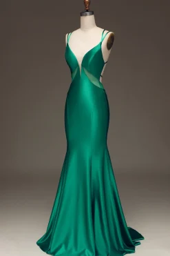 Verde profundo V-neck cetim sereia vestido de baile com renda-up para trás
