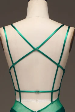 Verde profundo V-neck cetim sereia vestido de baile com renda-up para trás
