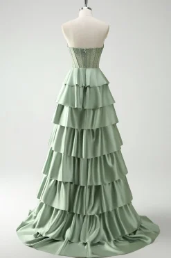 Verde querida princesa cetim tiered longo espartilho vestido de baile com fenda
