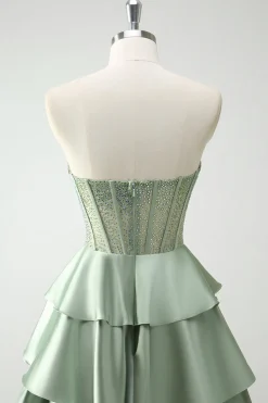 Verde querida princesa cetim tiered longo espartilho vestido de baile com fenda