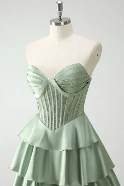 Verde querida princesa cetim tiered longo espartilho vestido de baile com fenda