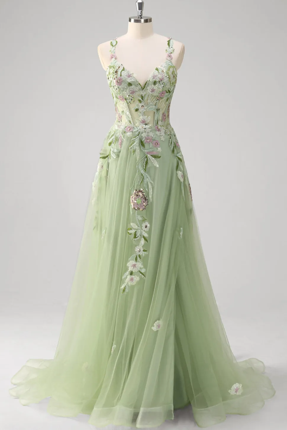 Verde Sequined A Line Tulle Applique Corset Long Prom Dress with Slit