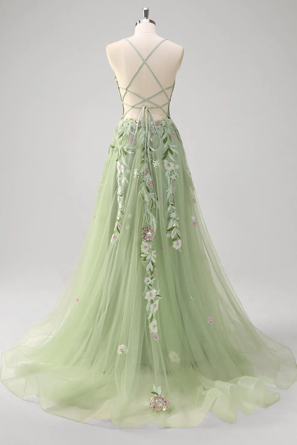 Verde Sequined A Line Tulle Applique Corset Long Prom Dress with Slit