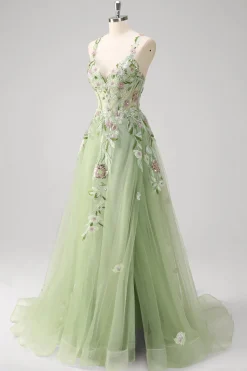 Verde Sequined A Line Tulle Applique Corset Long Prom Dress with Slit