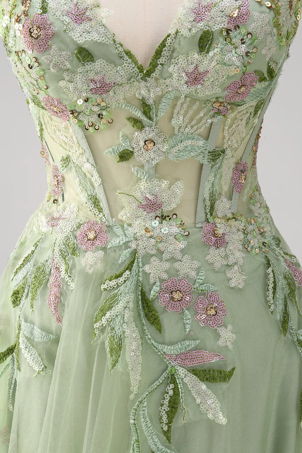 Verde Sequined A Line Tulle Applique Corset Long Prom Dress with Slit