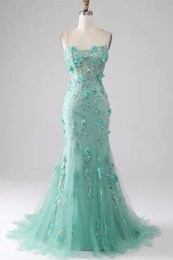Verde Sereia Esparguete Correias Longo Vestido de Baile com Apliques