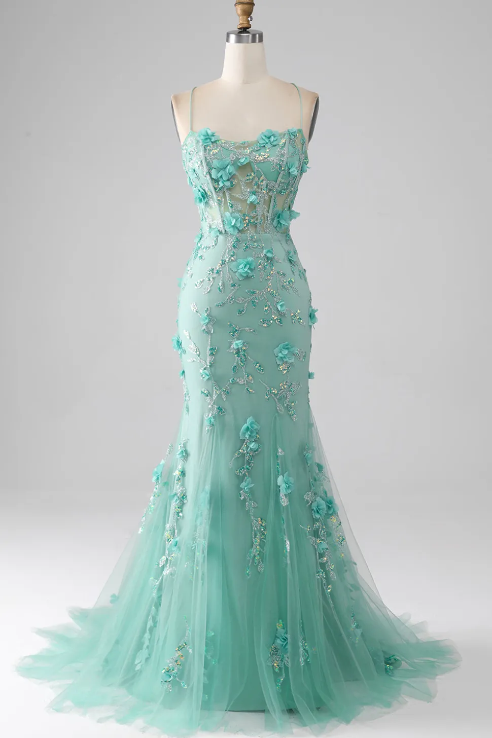 Verde Sereia Esparguete Correias Longo Vestido de Baile com Apliques