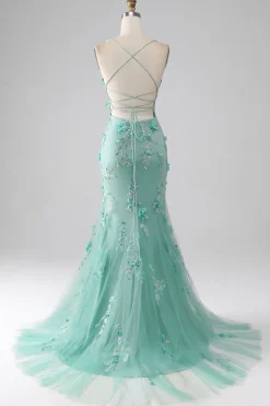 Verde Sereia Esparguete Correias Longo Vestido de Baile com Apliques