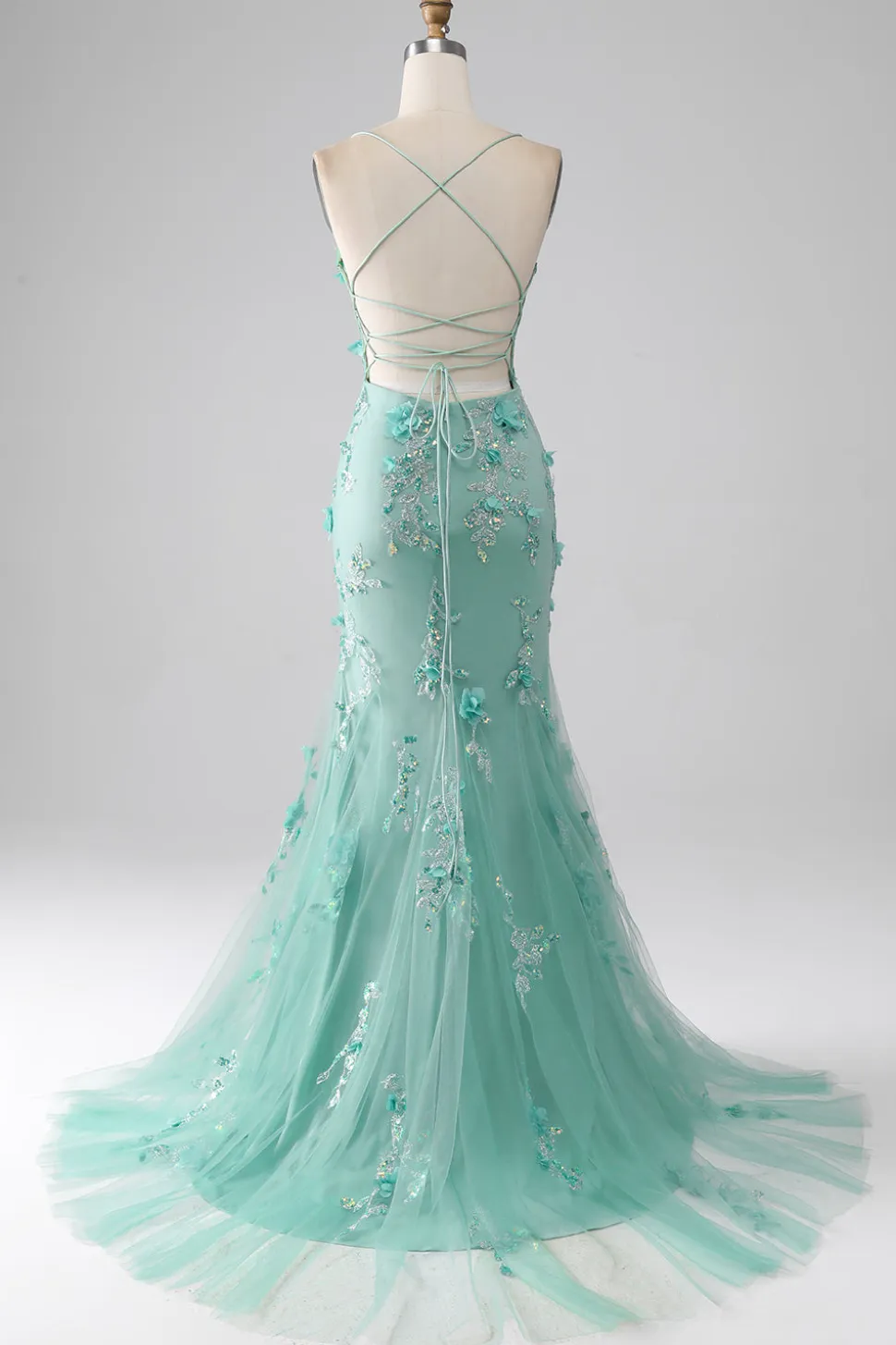 Verde Sereia Esparguete Correias Longo Vestido de Baile com Apliques
