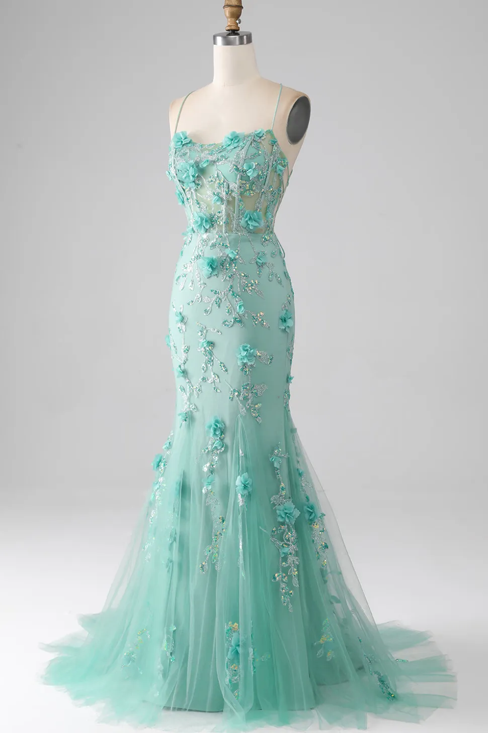 Verde Sereia Esparguete Correias Longo Vestido de Baile com Apliques