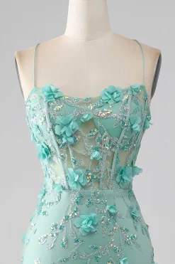 Verde Sereia Esparguete Correias Longo Vestido de Baile com Apliques