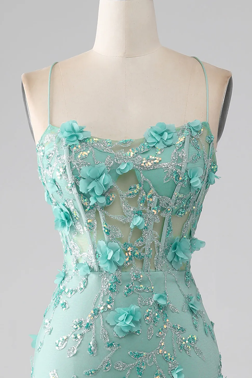 Verde Sereia Esparguete Correias Longo Vestido de Baile com Apliques