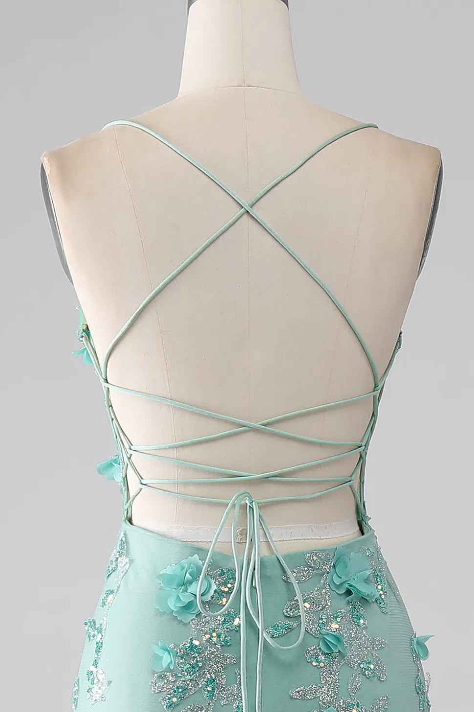 Verde Sereia Esparguete Correias Longo Vestido de Baile com Apliques