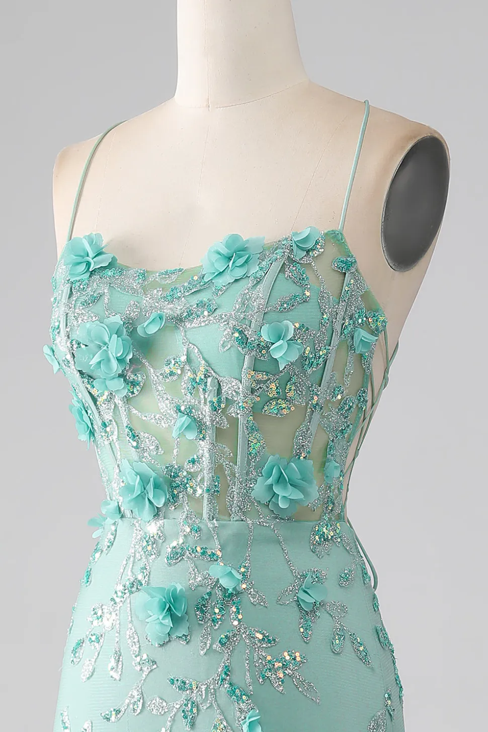 Verde Sereia Esparguete Correias Longo Vestido de Baile com Apliques