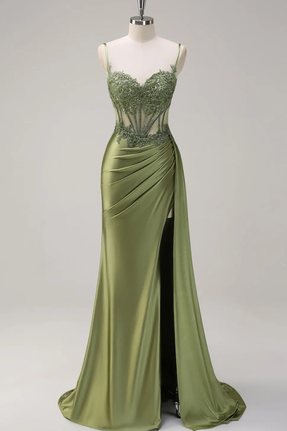 Verde Sereia lado streamer plissado longo espartilho cetim vestido de baile com fenda