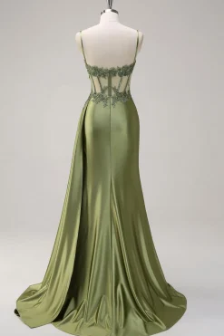Verde Sereia lado streamer plissado longo espartilho cetim vestido de baile com fenda