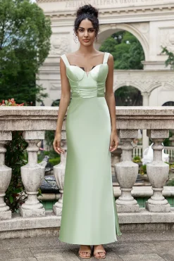 Verde Sereia Pescoço Quadrado Long Satin Vestido Madrinha com Laço de Pestanas
