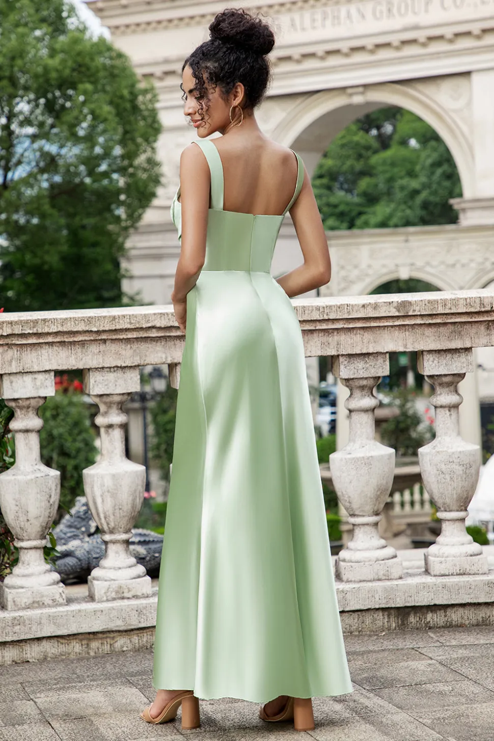 Verde Sereia Pescoço Quadrado Long Satin Vestido Madrinha com Laço de Pestanas