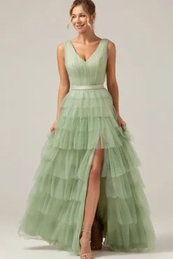 Verde Tiered A Line V-Neck Tulle Long Prom Dress com Fenda