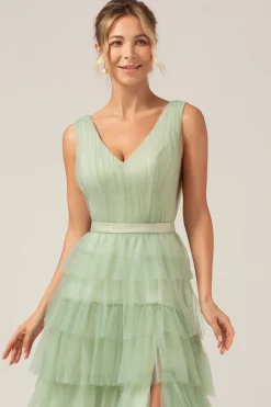 Verde Tiered A Line V-Neck Tulle Long Prom Dress com Fenda