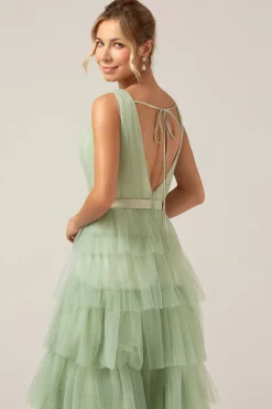 Verde Tiered A Line V-Neck Tulle Long Prom Dress com Fenda