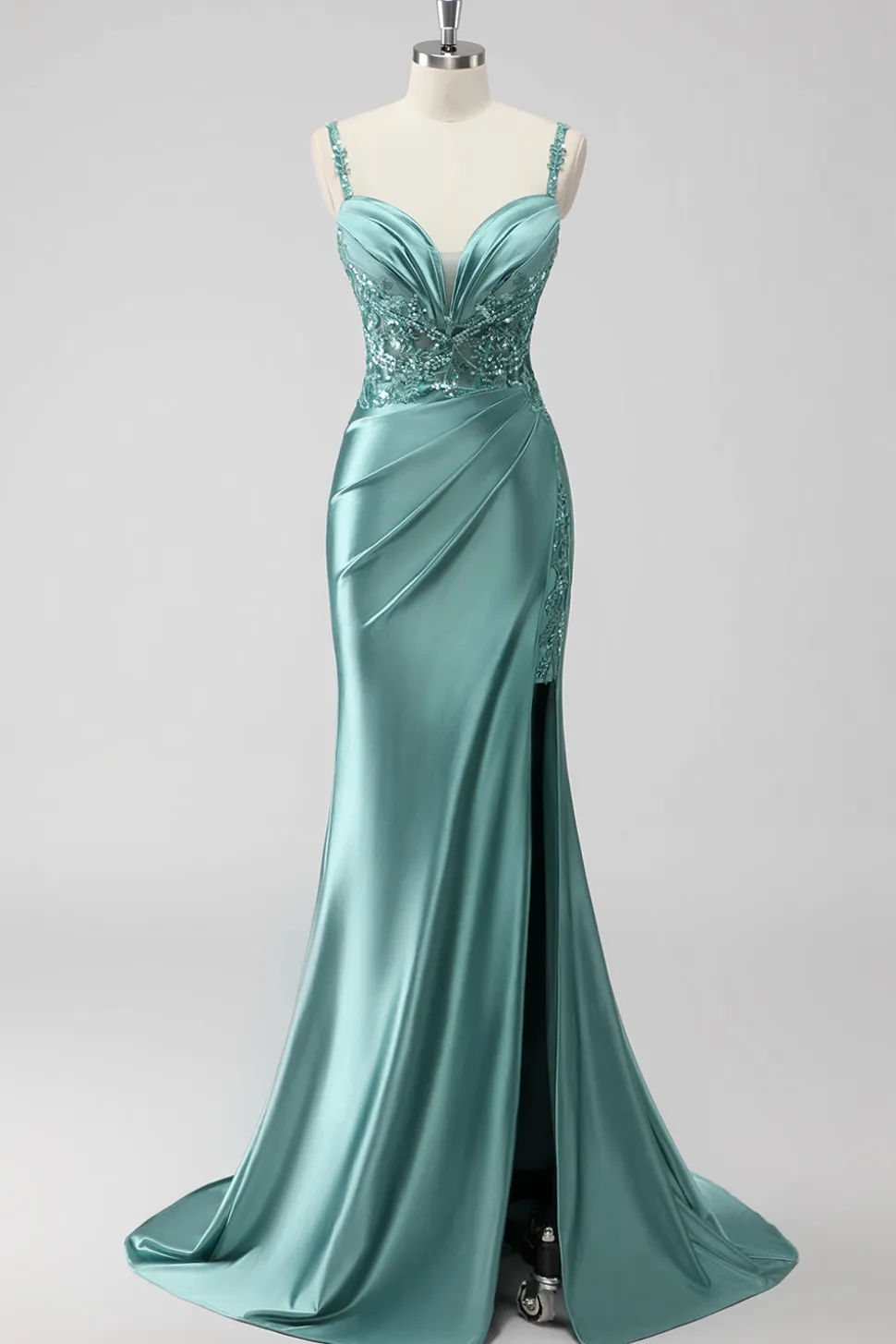 Verde Trompete/sereia Cetim Ruched Longos Vestido De Baile com Fenda