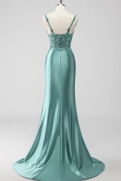 Verde Trompete/sereia Cetim Ruched Longos Vestido De Baile com Fenda