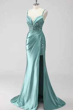 Verde Trompete/sereia Cetim Ruched Longos Vestido De Baile com Fenda