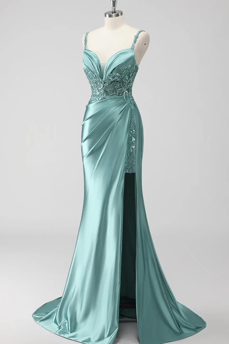 Verde Trompete/sereia Cetim Ruched Longos Vestido De Baile com Fenda