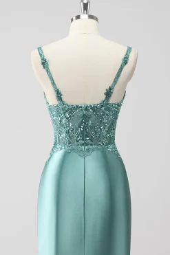 Verde Trompete/sereia Cetim Ruched Longos Vestido De Baile com Fenda