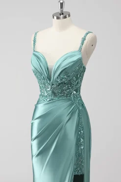Verde Trompete/sereia Cetim Ruched Longos Vestido De Baile com Fenda