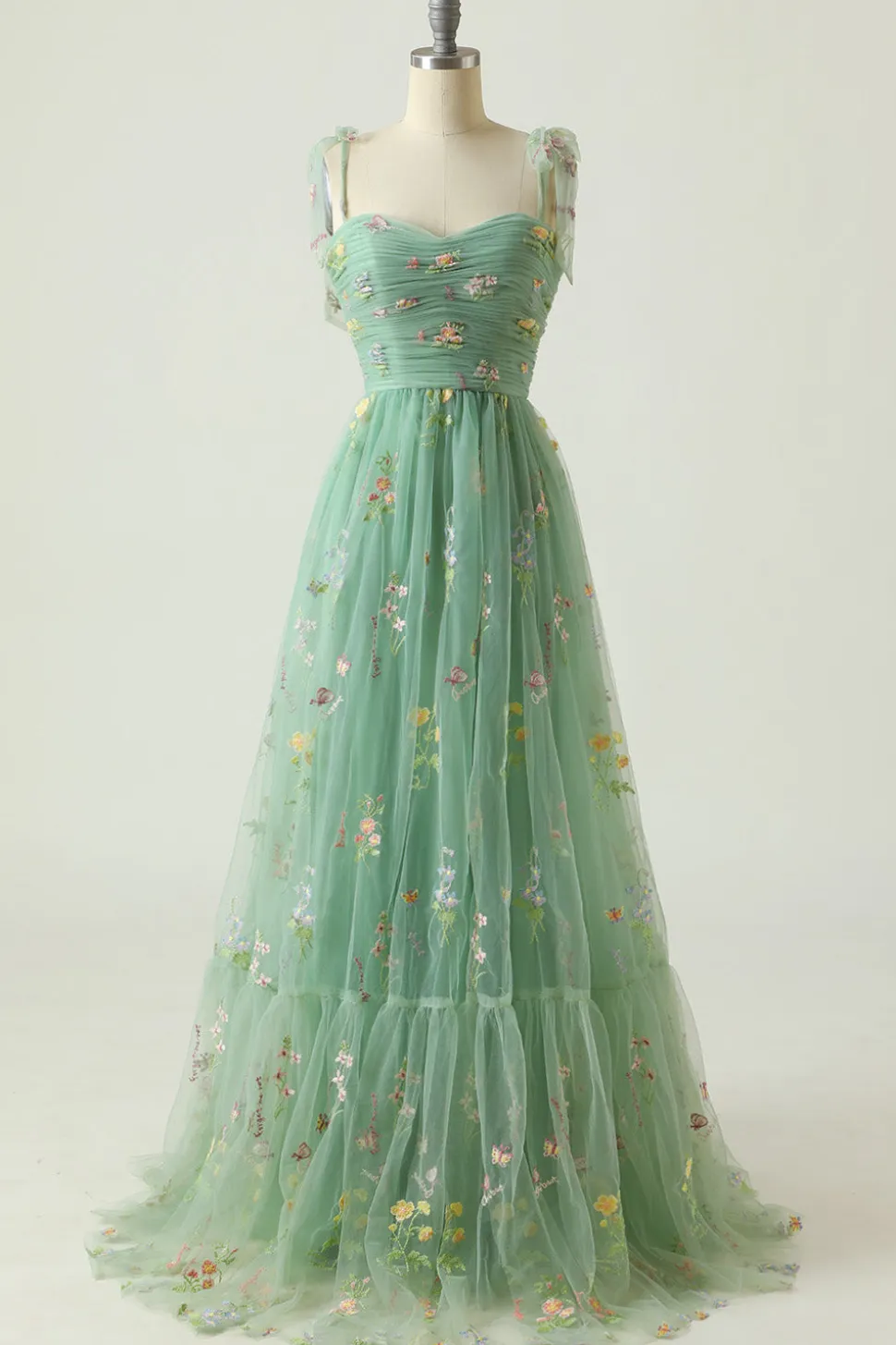 Verde Tule A-Line Espaghetti Correias Ruched Long Prom Dress com Bordado