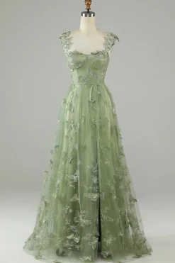 Verde Tule Vestido de Festa Com Borboletas 3D