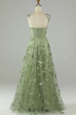 Verde Tule Vestido de Festa Com Borboletas 3D