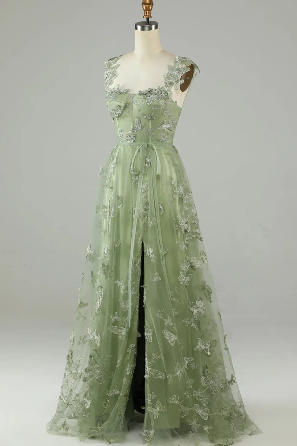 Verde Tule Vestido de Festa Com Borboletas 3D
