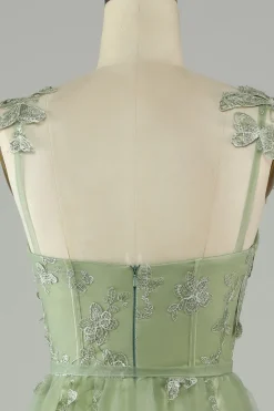 Verde Tule Vestido de Festa Com Borboletas 3D