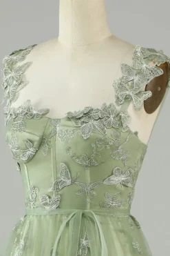 Verde Tule Vestido de Festa Com Borboletas 3D